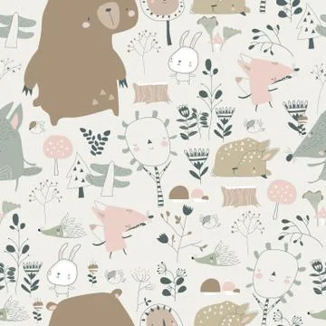 Seamless pattern with cute animals in autumn forest Stock Illustration
