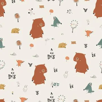 Seamless Pattern with Cute Animals in Autumn Forest Illustrazione stock