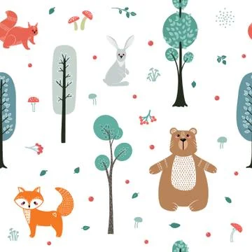 Seamless pattern. Cute animals on the background of the forest, trees, plants Stockillustratie
