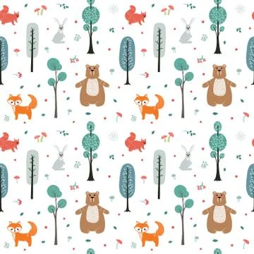 Seamless pattern. Cute animals on the background of the forest, trees, plants Stockillustratie