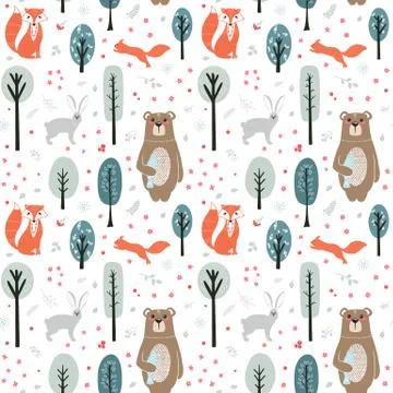 Seamless pattern. Cute animals on the background of the forest, trees, plants Stock Illustration