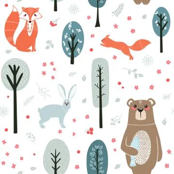 Seamless pattern. Cute animals on the background of the forest, trees, plants Stockillustratie