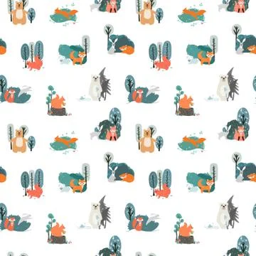 Seamless pattern. Cute animals on the background of the forest, trees, plants Stock Illustration