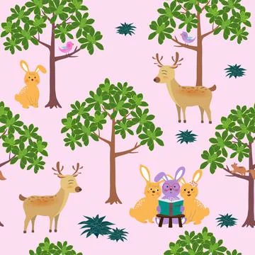 Seamless pattern with cute animals on bright and colorful background for deco Stock Illustration