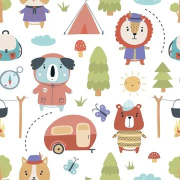 Seamless pattern with cute animals in the camp on a white background. Vector 스톡 일러스트