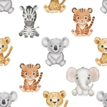 Seamless pattern with cute animals in cartoon style. Drawing african baby koala Stock Illustration
