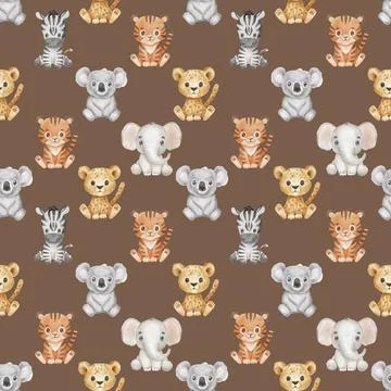 Seamless pattern with cute animals in cartoon style. Drawing african baby koala Stock Illustration