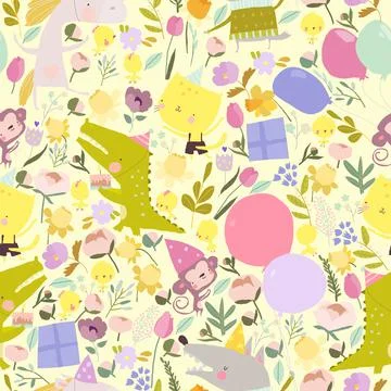 Seamless Pattern with Cute Animals celebrating Birthday Stock Illustration
