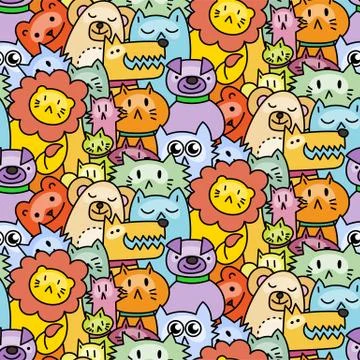 Seamless pattern with cute animals. Dogs, Cats, lion Stock Illustration