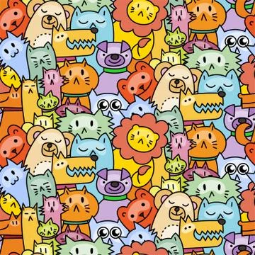 Seamless pattern with cute animals. Dogs, Cats, lion Stock Illustration