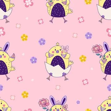 Seamless pattern with cute animals. Easter Chickens - a boy and a girl with Stock Illustration