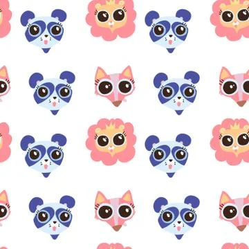 Seamless pattern with cute animals face image, Flat vector hand drawn childish Stock Illustration