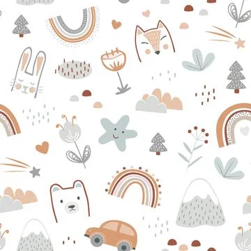 Seamless pattern with cute animals faces and childhood symbols. Childish print Stock Illustration