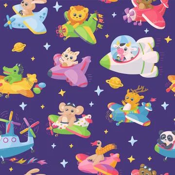 Seamless pattern with cute animals flying on planes, flat vector illustration. Illustrazione stock