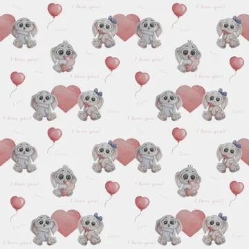 Seamless pattern. Cute animals. Gray rabbits in love. Funny girl hare with a  Stock Illustration