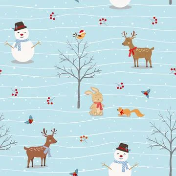 Seamless pattern with cute animals happy on winter season Stock Illustration