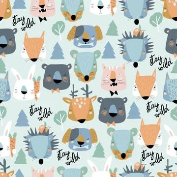 Seamless pattern of cute animals heads on blue background Stock Illustration