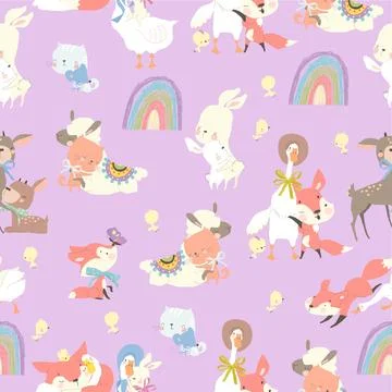 Seamless Pattern with Cute Animals hugging Friends イラスト素材