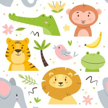 Seamless pattern cute animals. Kids cartoon african fauna characters, birds イラスト素材