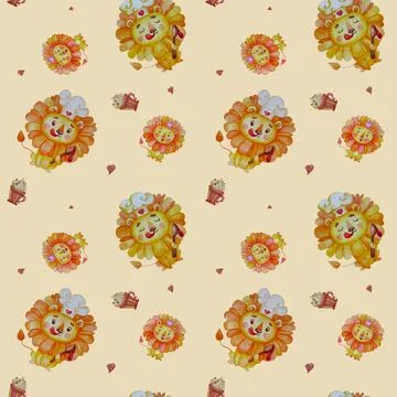 Seamless pattern with cute animals. Lion chef in a chefs hat, with a spoon an 写真素材