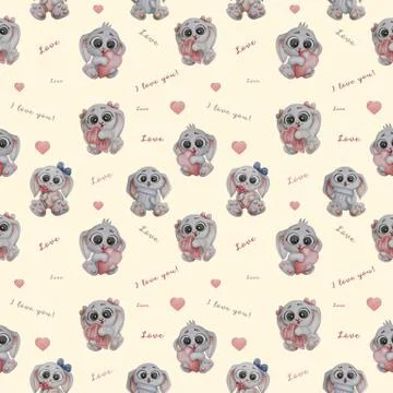 Seamless pattern. Cute animals. Little Hares in love. With a heart, a red flo Illustrazione stock