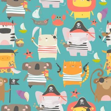 Seamless pattern with cute animals with pirate and sailor attributes style 스톡 일러스트
