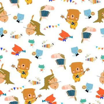 Seamless Pattern with Cute Animals playing the musical instruments Stock Illustration