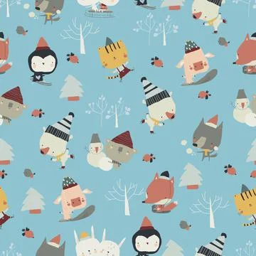 Seamless Pattern of Cute Animals playing Winter Games in the Forest Stock Illustration
