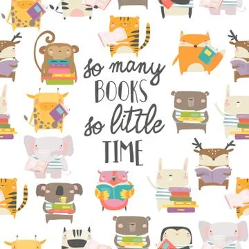 Seamless pattern with cute animals reading books on white background Stock Illustration
