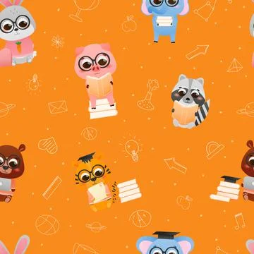 Seamless pattern with cute animals reading books on orange background with hand Stock Illustration