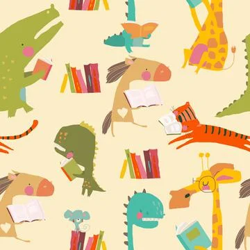 Seamless pattern of cute Animals reading books Stock Illustration