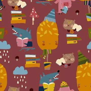 Seamless Pattern of Cute Animals reading Books in Autumn Forest Stock Illustration