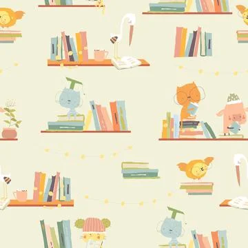 Seamless Pattern with Cute Animals reading Books on Bookshelves Stockillustratie