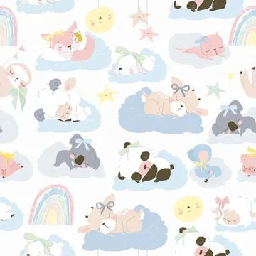 Seamless Pattern with Cute Animals sleeping on Clouds Stock Illustration