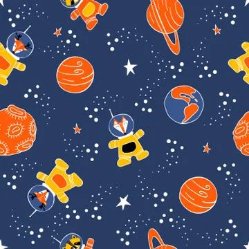 Seamless pattern with cute animals in space Stock Illustration