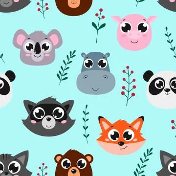 Seamless pattern of cute animals. Vector cartoon background. Stock Illustration