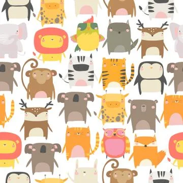Seamless pattern with cute animals on white background Illustrazione stock