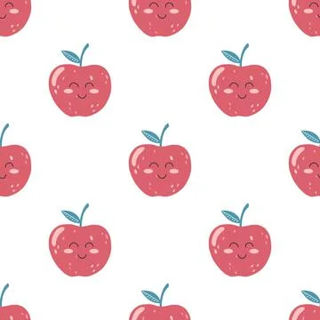 Seamless pattern with cute apple kawaii fruit with happy face in flat style.  Stock Illustration