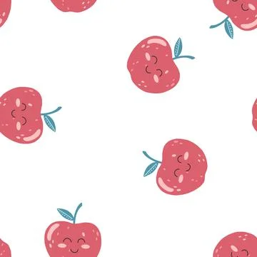 Seamless pattern with cute apple kawaii fruit with happy face in flat style.  Stock Illustration