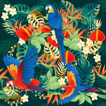 Seamless pattern cute Ara parrot sit with green leaves cartoon animal design Stock Illustration