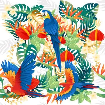 Seamless pattern cute Ara parrot sit with green leaves cartoon animal design Stock Illustration