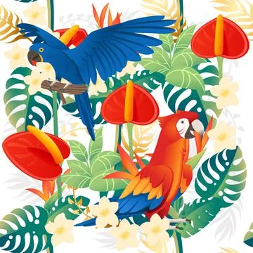 Seamless pattern cute Ara parrot sit with green leaves cartoon animal design Illustrazione stock