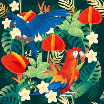 Seamless pattern cute Ara parrot sit with green leaves cartoon animal design Stock Illustration
