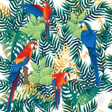 Seamless pattern cute Ara parrot sit with green leaves cartoon animal design Illustrazione stock