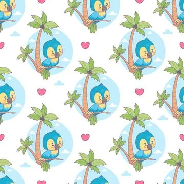 Seamless pattern with cute Ara parrot with tropical palm trees on white bac.. Illustrazione stock
