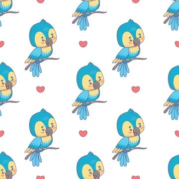 Seamless pattern with cute Ara parrot on branch on white background with he.. 스톡 일러스트