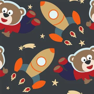 Seamless pattern cute astronaut  bear in space with cartoon style. Stock Illustration