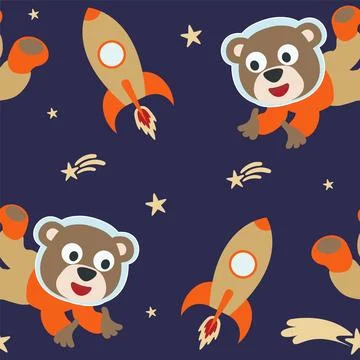 Seamless pattern cute astronaut  bear in space with cartoon style. Stock Illustration