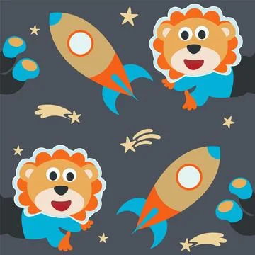 Seamless pattern cute astronaut  lion in space with cartoon style Stock Illustration