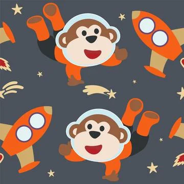 Seamless pattern cute astronaut  monkey in space with cartoon style. 库存插图